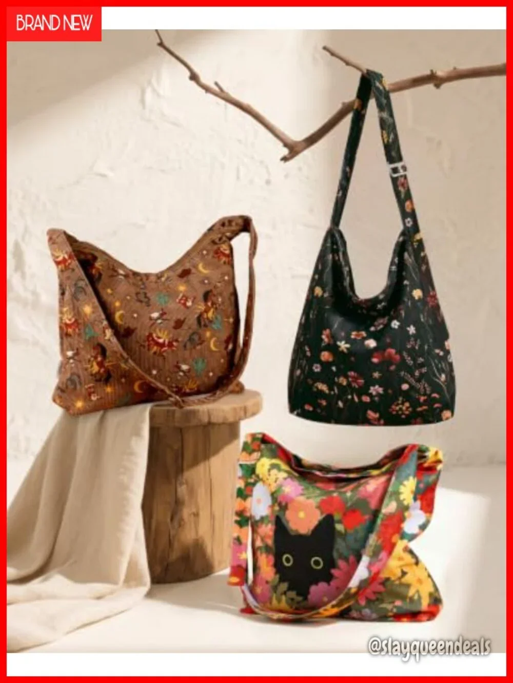 Corduroy Hobo Bag Large Zipper Tote Floral